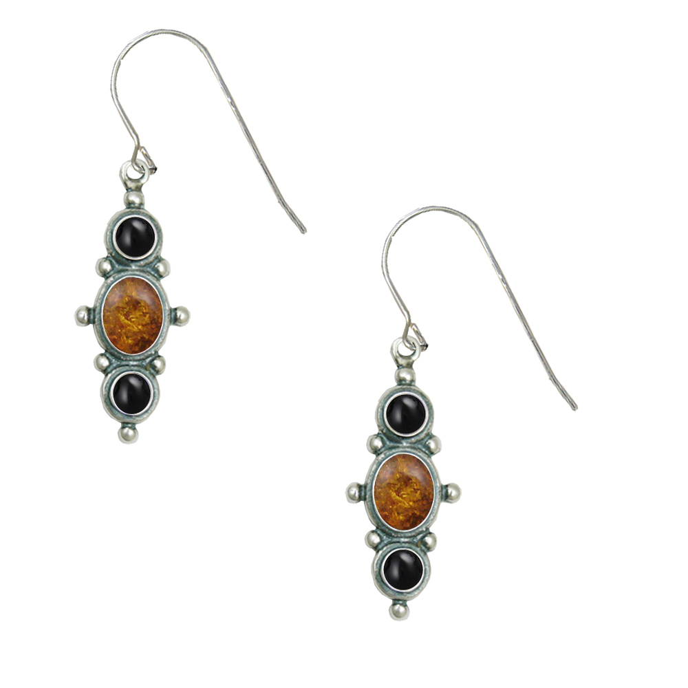 Sterling Silver Drop Dangle Earrings With Amber And Black Onyx